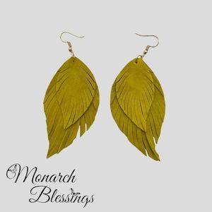 Soft Mustard Yellow Leather Feather Dangle Earrings On 18k Gold French Wire Hook